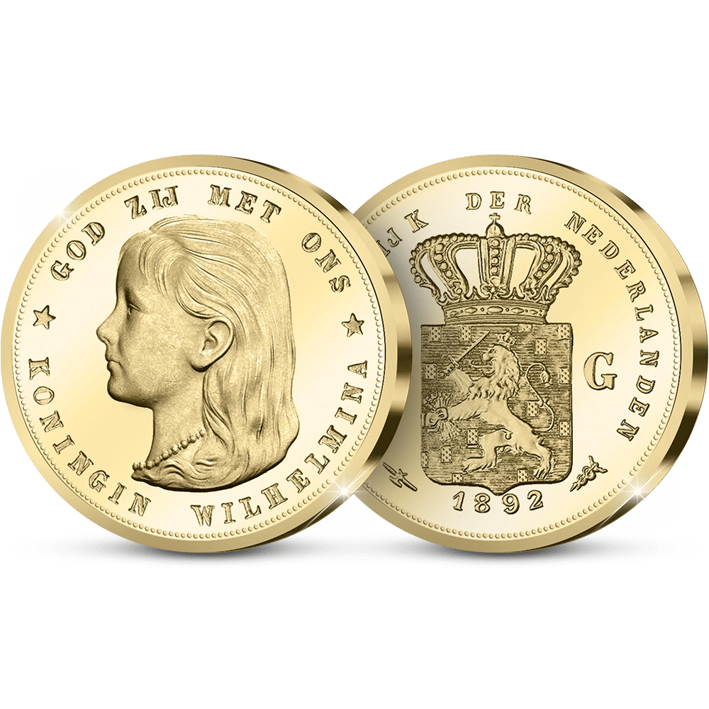 De Originele Herslag van het Eerste Gouden Tientje van Wilhelmina "Wilhelmina met Hangend haar" De Gouden 10 Gulden uit 1892 - Edel Collecties